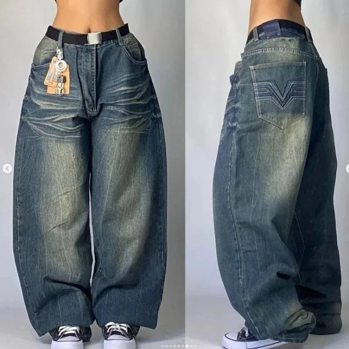 Baggy High-Waist Jeans met Vintage Wassing en Wijde Pijpen